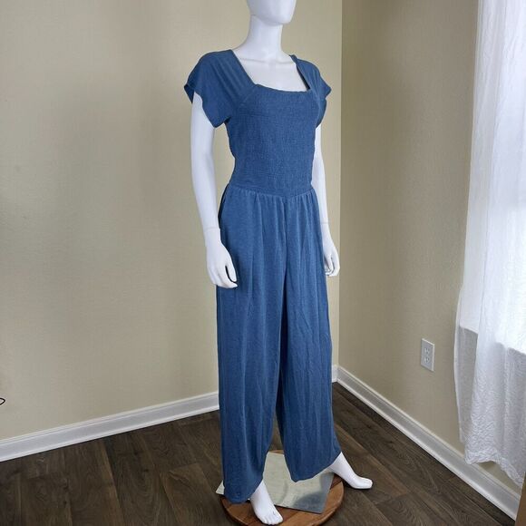 Soft Surroundings Women's Size L Blue Smocked Frida Wide Leg Jersey Jumpsuit - Picture 8 of 15